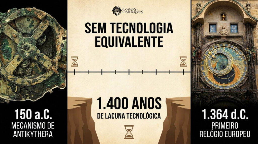 Timeline mostrando gap tecnológico de 1.400 anos entre Mecanismo Antikythera (150 A.C.) e primeiro relógio europeu equivalente (1.364 D.C.)