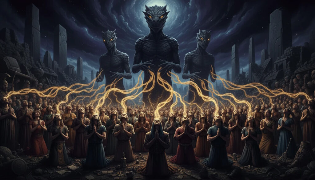 Multidão humana programada geneticamente adorando os Anunnaki, que colhem energia emocional através do gene da fé VMAT2.