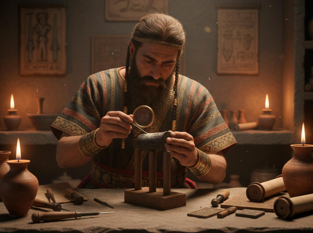 Artesão assírio usando Lente Nimrud lupa para gravar selo cilíndrico detalhes microscópicos oficina palácio 700 aC