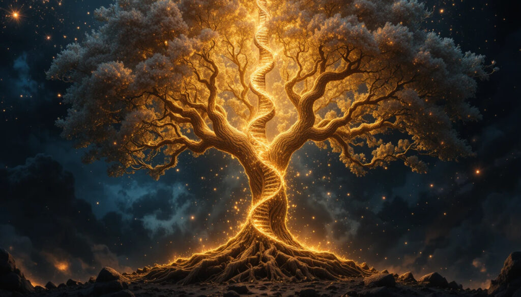 Árvore do conhecimento representada como estrutura de DNA de 12 hélices mostrando manipulação genética no Jardim do Éden