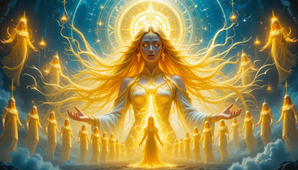 Barbelo divindade suprema cercada por emanações celestiais Aeons em formação ordenada no Pleroma gnóstico