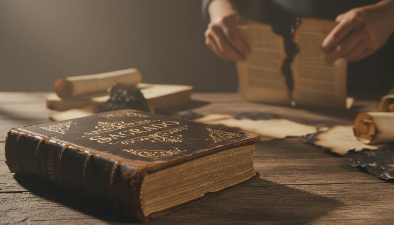 Bíblia antiga com palavra "Sagrado" gravada sendo censurada, revelando que Bíblia não é "Palavra de Deus"; manipulação histórica