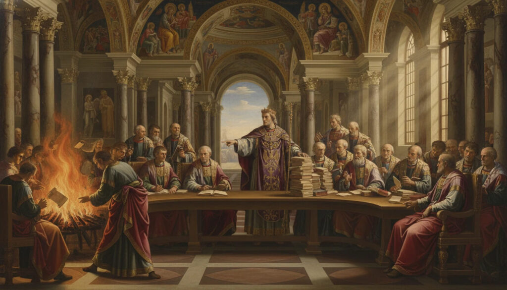 Concílio de Niceia 325: Constantino censurando e queimando livros apócrifos da Bíblia, revelando manipulação histórica e controle eclesiástico.