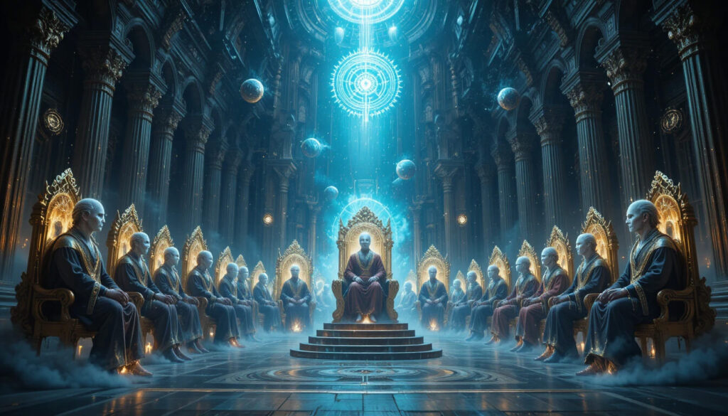 Conselho dos Elohim mostrando múltiplos seres poderosos mencionados na Bíblia como deuses plurais não um único Criador