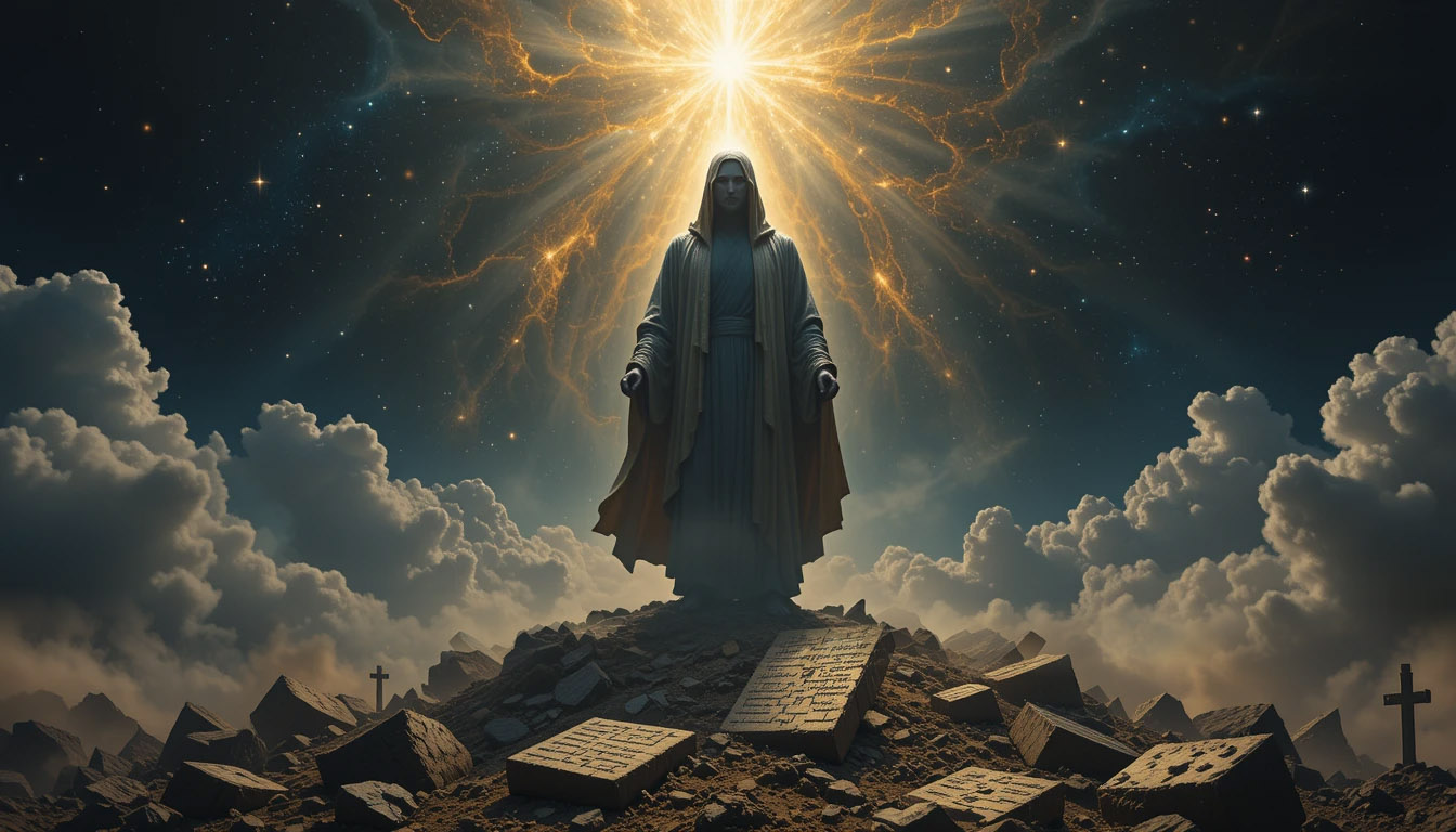 Representação artística de um Criador oculto, envolto em luz cósmica e mistério.