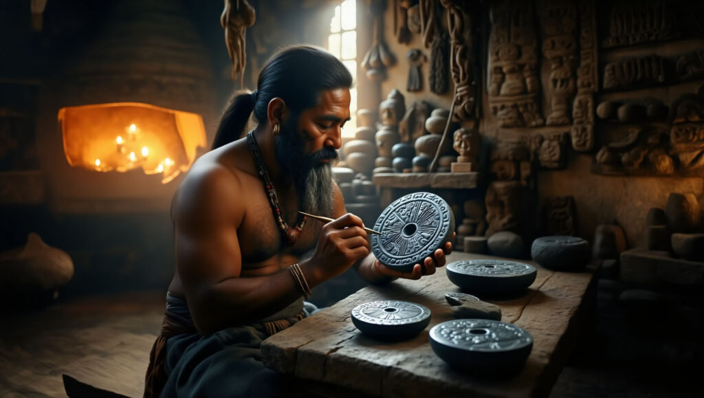 Artesão pré-colombiano esculpindo Disco Genético lidita ferramentas primitivas pedra oficina detalhes embriológicos microscópicos trabalho manual