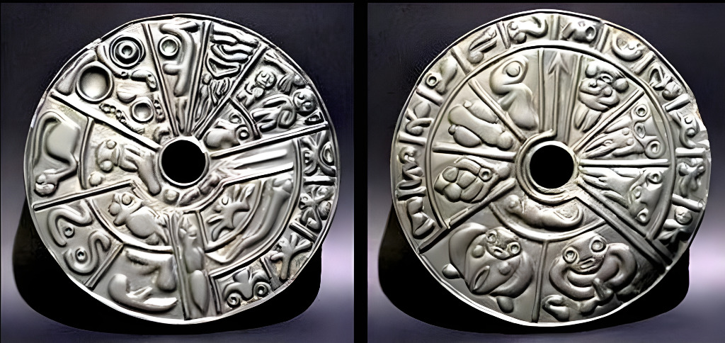 Duas faces Disco Genético Colômbia lidita gravuras embriológicas espermatozoides óvulos fetos órgãos reprodutivos detalhes microscópicos