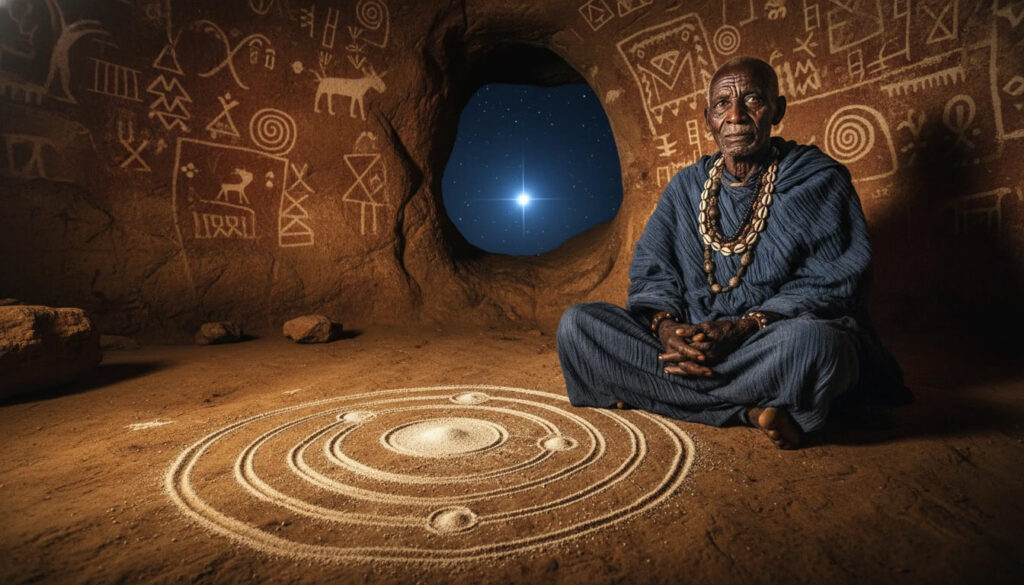 Ancião Dogon Hogon com diagrama ancestral do sistema de Sírius mostrando conhecimento impossível sobre Sírius B e C sem telescópios