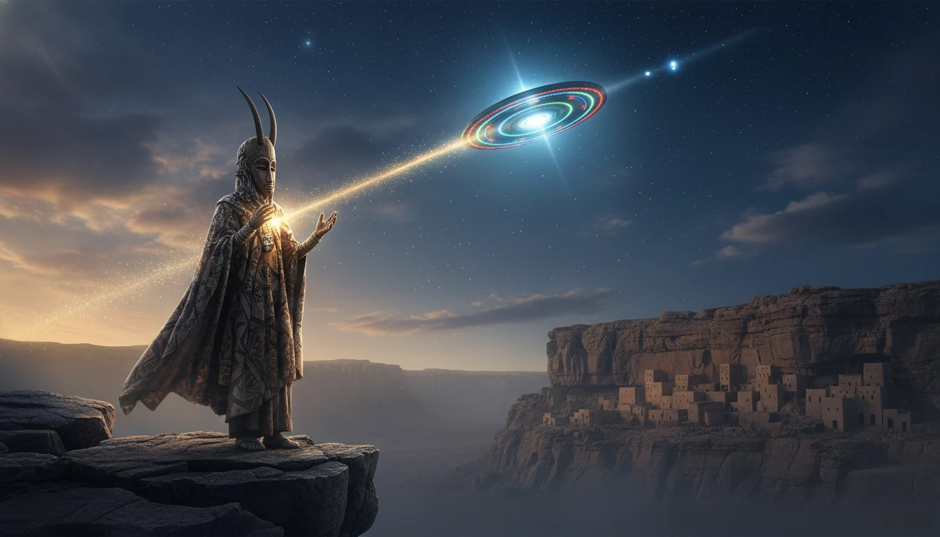 Dogons e Sírius: ancião Dogon no Mali sob sistema estelar de Sírius com nave giratória dos Nommo descendendo mostrando contato com seres estelares