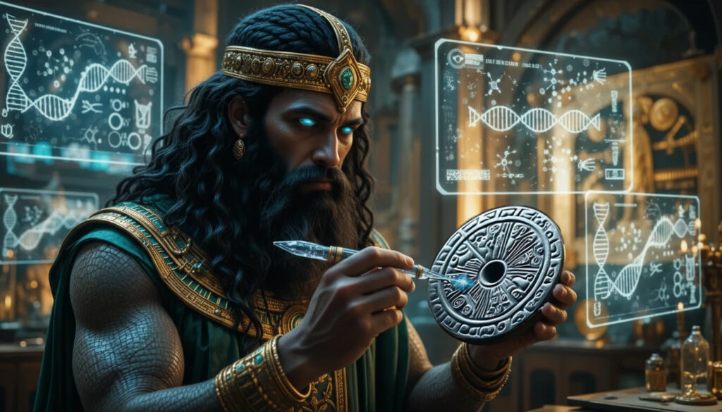 Enki Anunnaki deus esculpindo Disco Genético lidita laser cristalino laboratório genético hologramas DNA