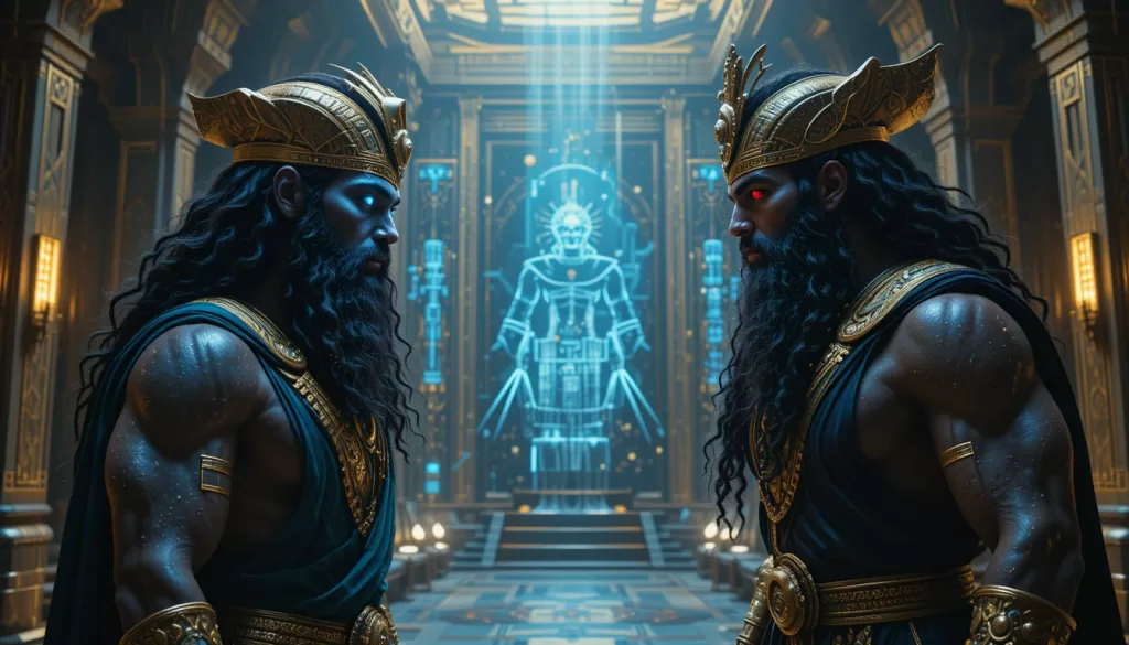 Enki e Enlil Anunnaki em laboratório genético disputando controle sobre criação humana no Jardim do Éden
