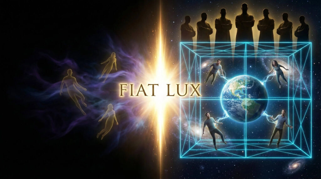 Fiat Lux Faça-se luz Gênesis início prisão dimensional 3D material Elohim aprisionamento almas Terra grade holográfica controle
