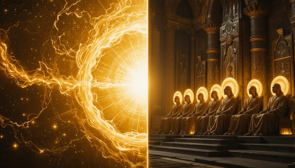 Contraste entre Fonte cósmica infinita e Elohim humanoides mostrando diferença entre verdadeiro Criador e administradores bíblicos