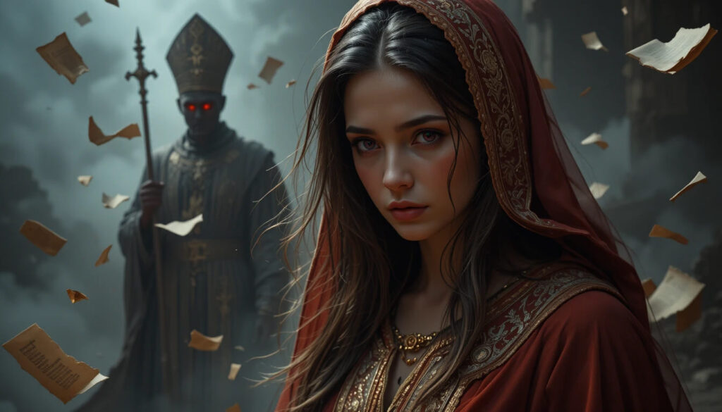 Maria Madalena com olhar intenso e reflexivo, representada como discípula próxima de Jesus, difamada pela igreja.