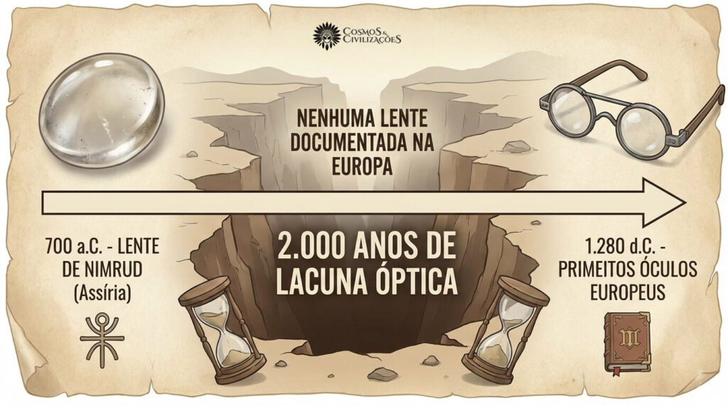 Timeline gap tecnológico 2000 anos Lente Nimrud 700 aC primeiros óculos europeus 1280 dC óptica avançada perdida
