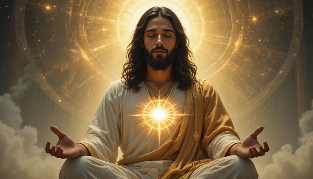 Jesus meditando com luz interior mostrando acesso direto ao verdadeiro Criador através da consciência não através de Yahweh