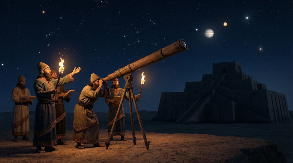 Astrônomos assírios usando lente óptica primitiva telescópio observar céu noturno estrelas planetas zigurate conhecimento Anunnaki