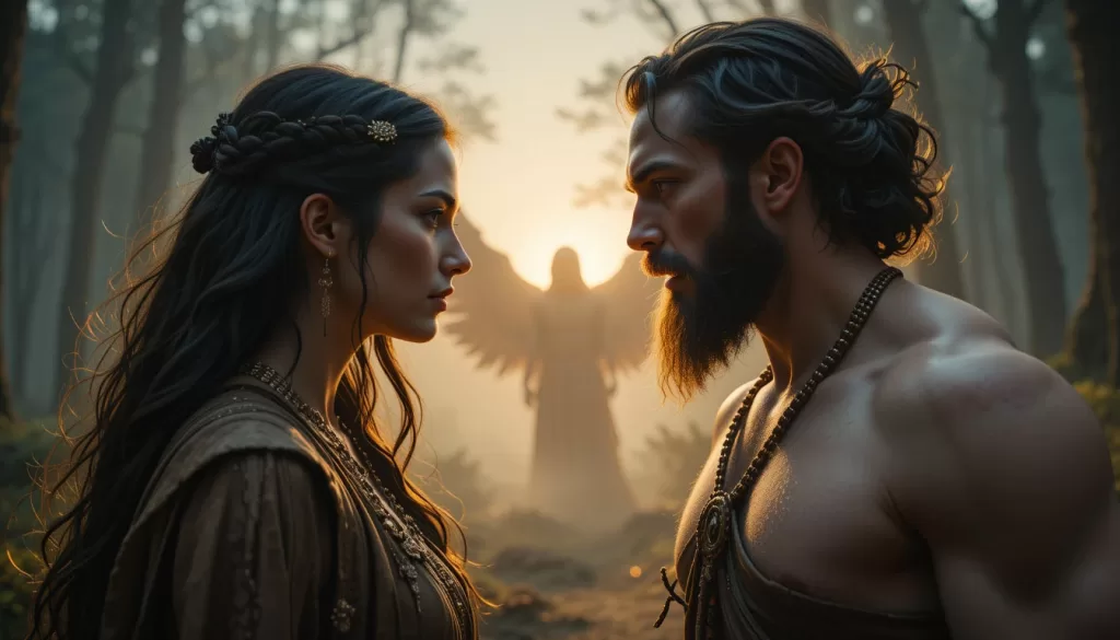 Lilith confrontando Adão no Éden, recusando submissão, revelando rebelião contra hierarquia estabelecida.