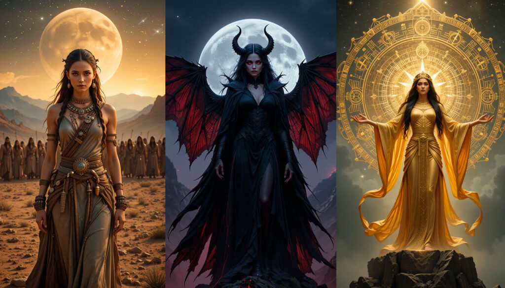 Composição tripla mostrando Lilith como linhagem tribal pré-adâmica, como succubus demoníaca gótica, e como deusa Inanna mesopotâmica, revelando múltiplas interpretações históricas.