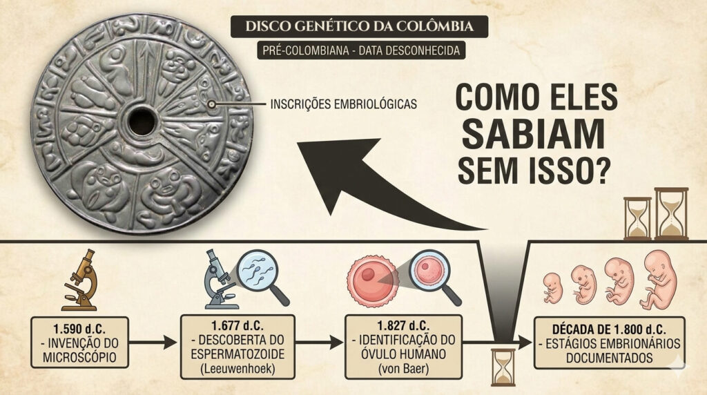 Timeline gap conhecimento embriologia Disco Genético Colômbia pré-colombiano vs descobertas modernas microscópio 1590 espermatozoides 1677 óvulo 1827