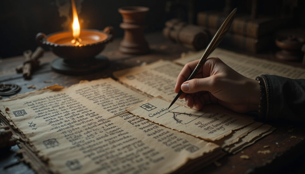 Evangelhos gnósticos em pergaminhos antigos com símbolos místicos mostrando ensinamentos originais de Jesus sobre gnose