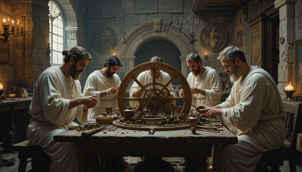 Gregos antigos trabalhando mecanismo bronze engrenagens oficina lamparina ferramentas primitivas conhecimento perdido atmosfera mística