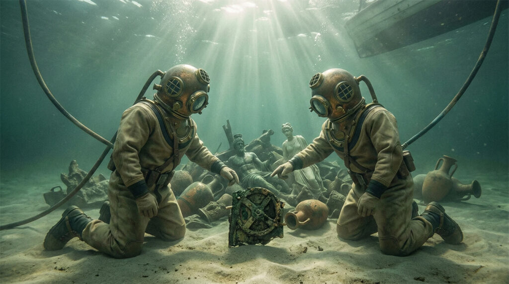 Mergulhadores gregos 1901 descobrindo naufrágio Antikythera 45 metros profundidade estátuas bronze mecanismo misterioso