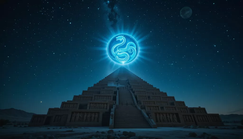 Símbolo da serpente sobre zigurate sumério representando linhagem Anunnaki que controla humanidade desde Jardim do Éden