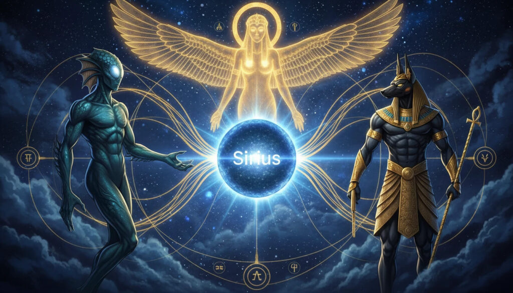 Sírius como origem de múltiplas raças cósmicas, incluindo Nommo (anfíbios) e Anúbis (canídeos) com Ísis/ Sophia como princípio coordenador.