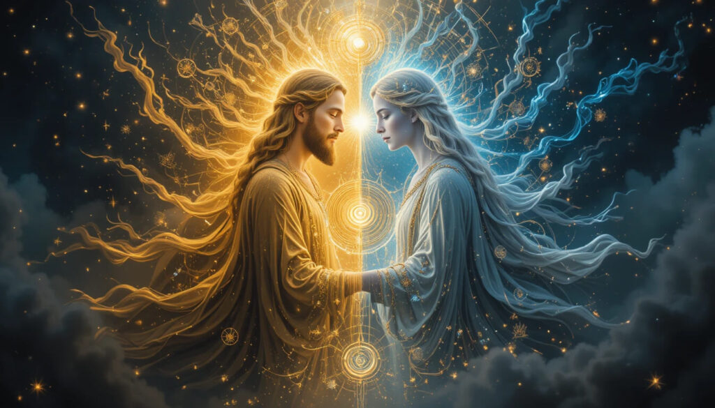 Sizígia gnóstica de Cristo e Sophia manifestados como Jesus e Maria Madalena mostrando complementaridade divina masculino-feminino