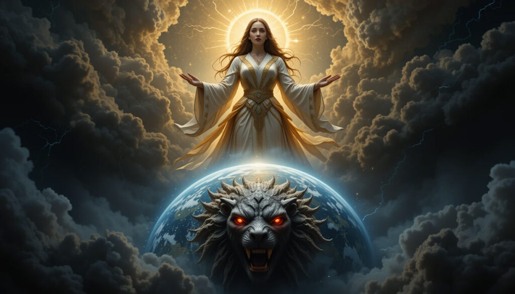 Sophia acima da Terra criando Yaldabaoth, demiurgo com cabeça de leão, mostrando erro cósmico no gnosticismo