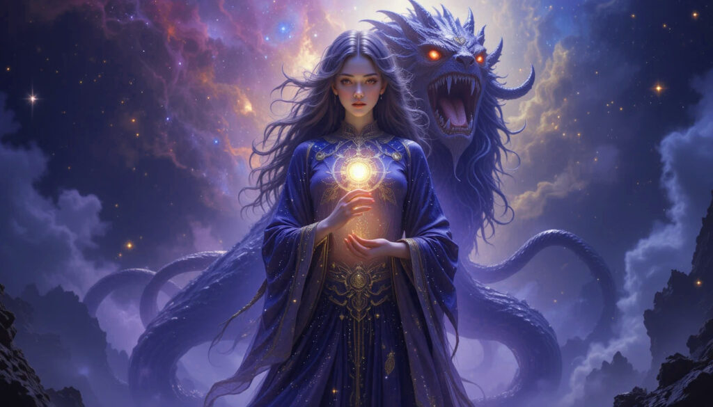 Sophia criando Yaldabaoth, o arrogante demiurgo com cabeça de leão e corpo de serpente.