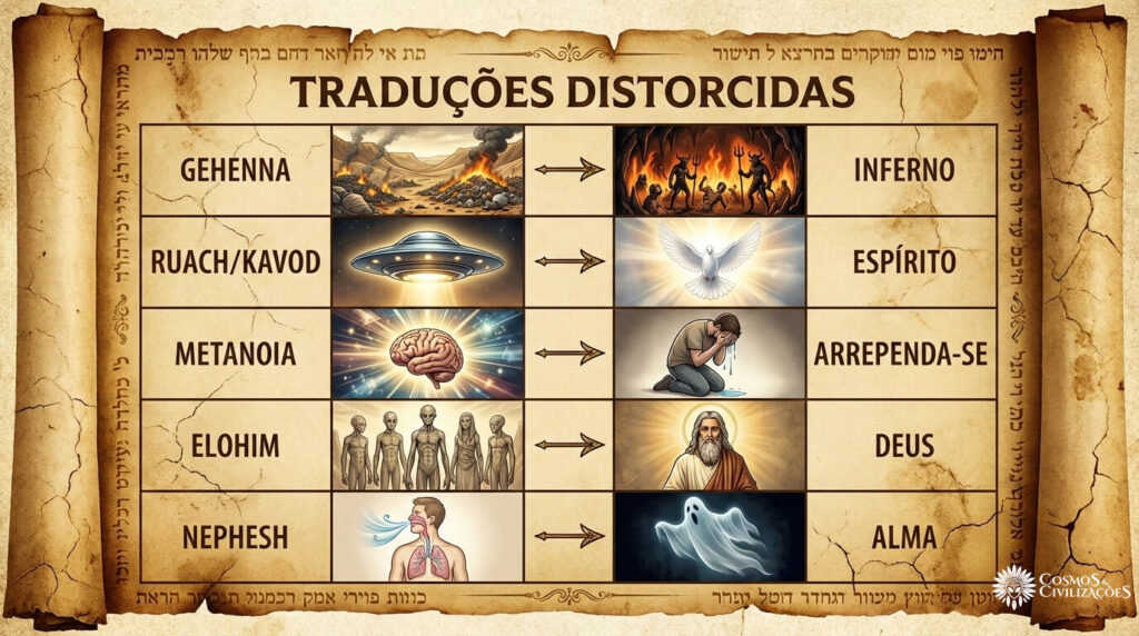 Infográfico com traduções distorcidas na Bíblia: Gehenna (Inferno), Ruach (Espírito) Metanoia (Arrependimento), Elohim (Deus) e Nephesh (alma), revelando manipulação.