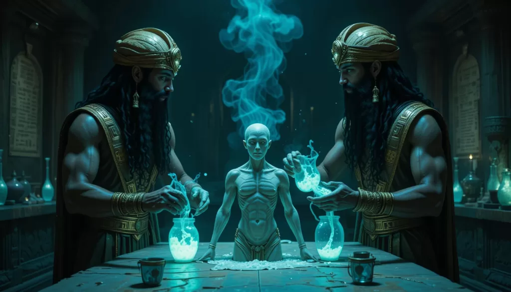 Laboratório genético Anunnaki criando Lulu Amelu mostrando origem da humanidade como experimento não criação divina