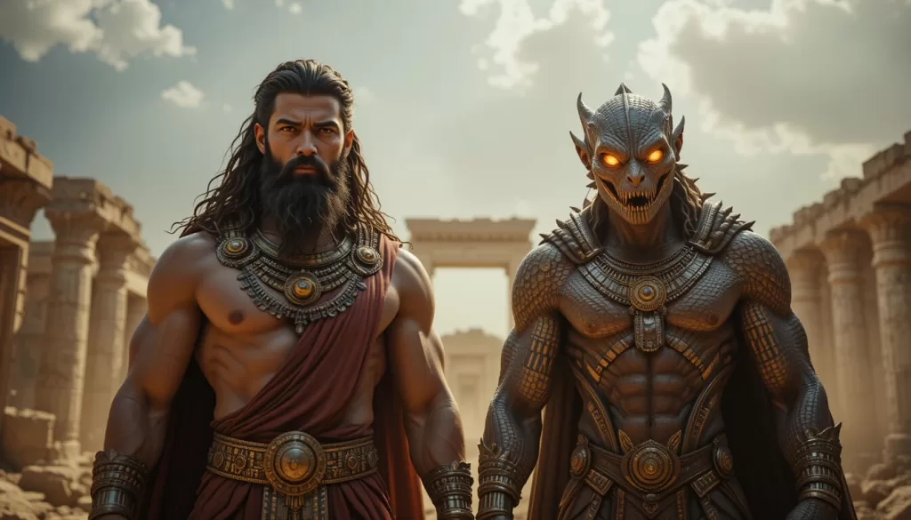 Comparação entre representação humanizada e reptiliana dos Anunnaki mostrando a verdadeira natureza dos criadores sumérios