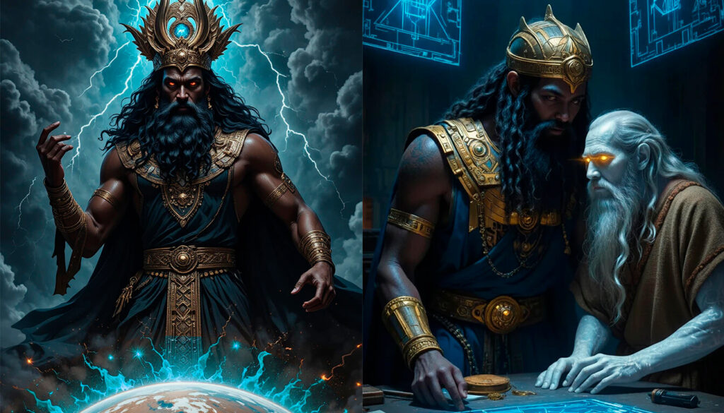 Conflito entre Enlil causando dilúvio e Enki salvando Ziusudra mostrando guerra entre Anunnaki com humanos no meio