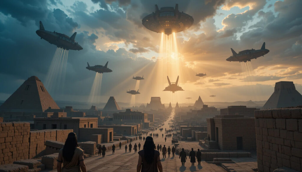 Cidade suméria de Uruk com naves espaciais e Anunnaki descendo mostrando mistério da civilização Suméria surgindo pronta