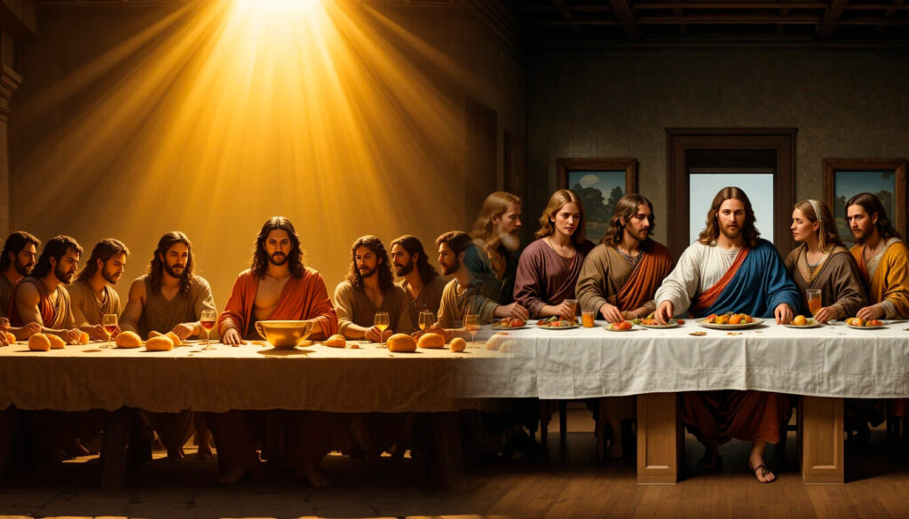 Comparação entre banquete sagrado de Mitra e Última Ceia de Jesus mostrando ritual idêntico com pão e vinho