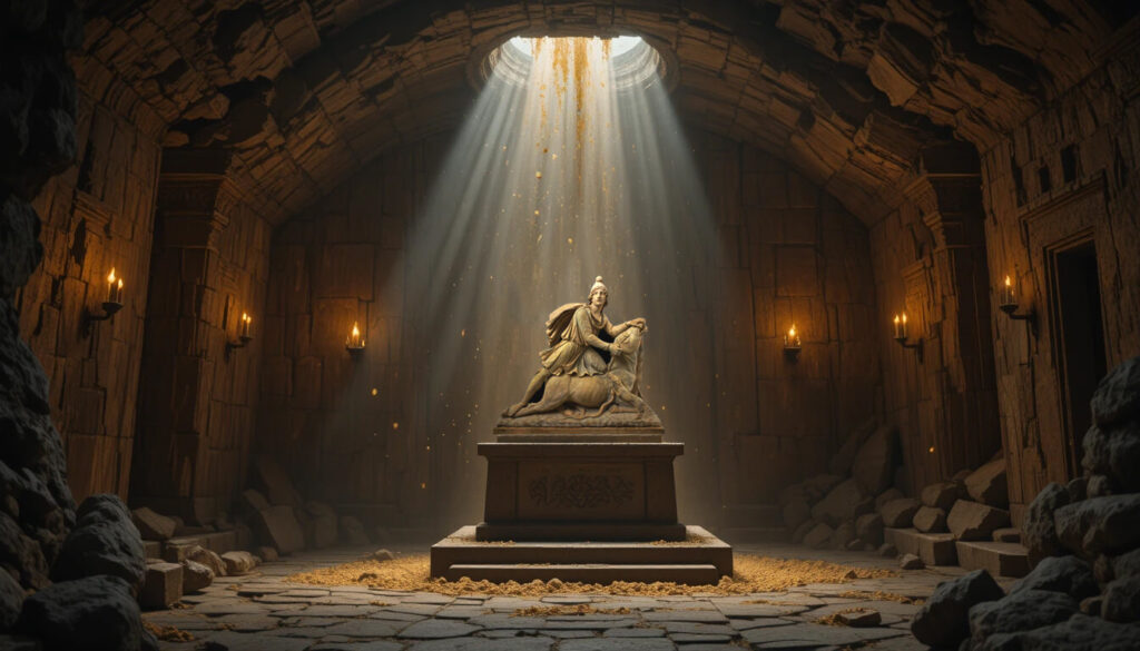 Interior de templo mitraico subterrâneo onde culto secreto de Mitra era praticado no Império Romano