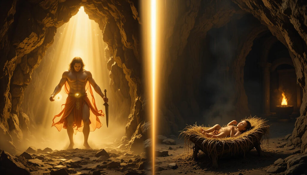 Comparação entre nascimento de Mitra em gruta e nascimento de Jesus mostrando semelhanças no simbolismo