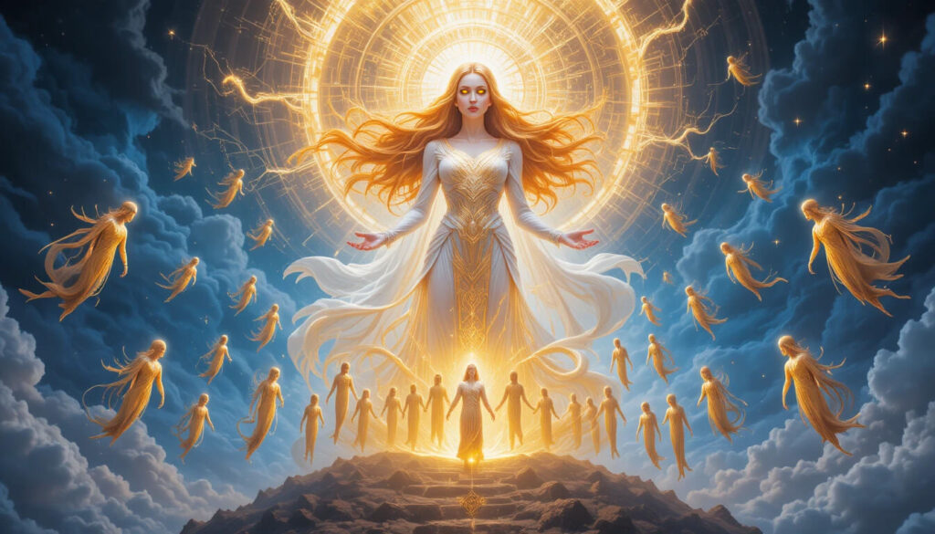 Pleroma gnóstico com Barbelo e Aeons mostrando cosmologia completa do gnosticismo antes da criação material