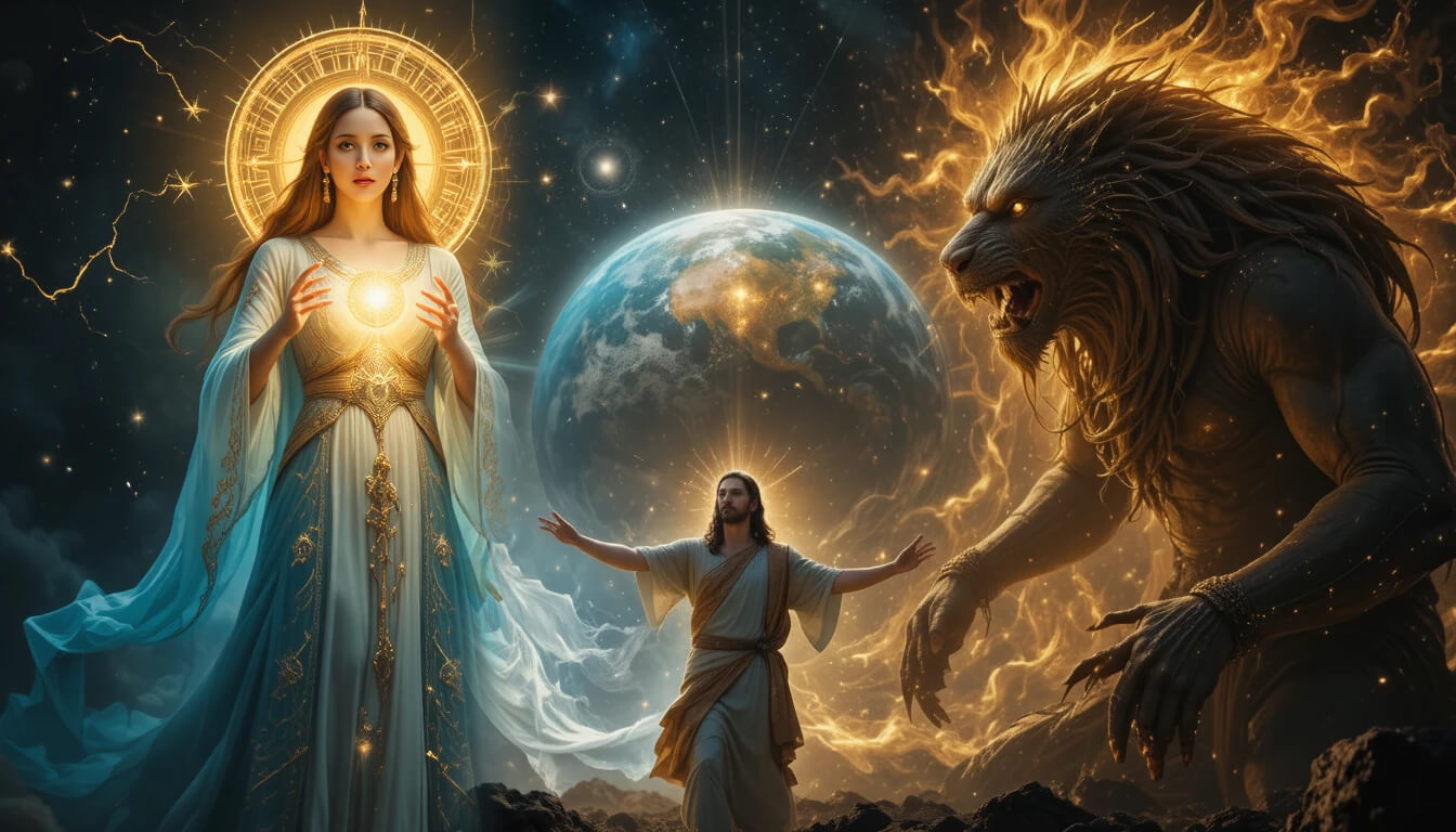 Sophia emissária do Pleroma enfrentando Yaldabaoth demiurgo com Jesus gnóstico no centro libertando centelhas divinas aprisionadas na Terra representando cosmologia gnóstica completa