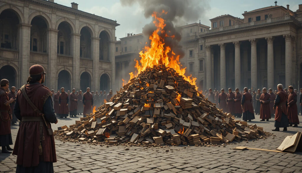 Queima de textos gnósticos pela Igreja Católica após Concílio de Niceia mostrando supressão do gnosticismo