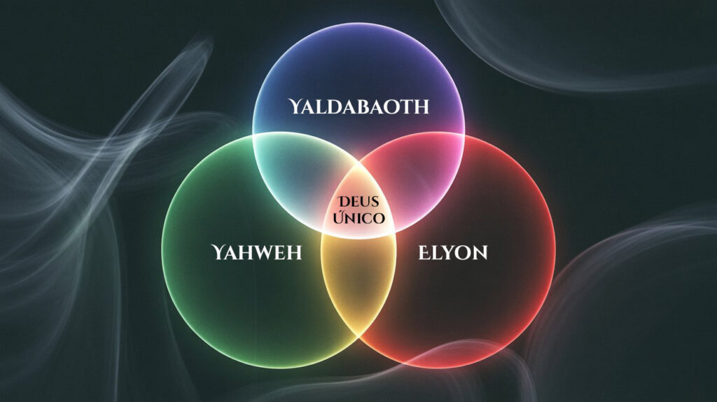 Diagrama mostrando como Yaldabaoth Yahweh e Elyon foram fundidos para criar conceito de Deus único no cristianismo
