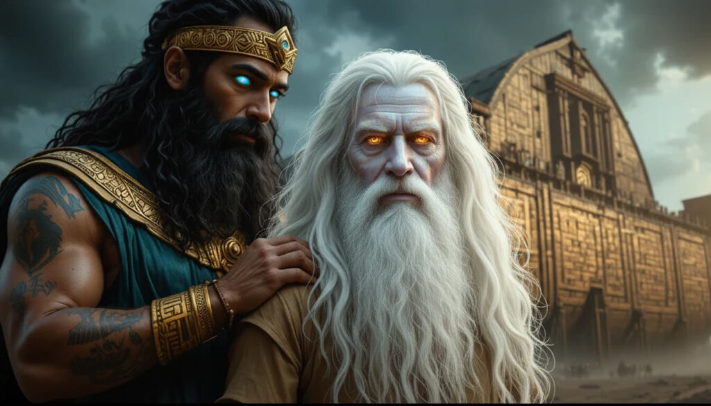Enki avisando Noé sobre Dilúvio revelando que salvou híbrido Anunnaki para preservar experimento genético não humanidade