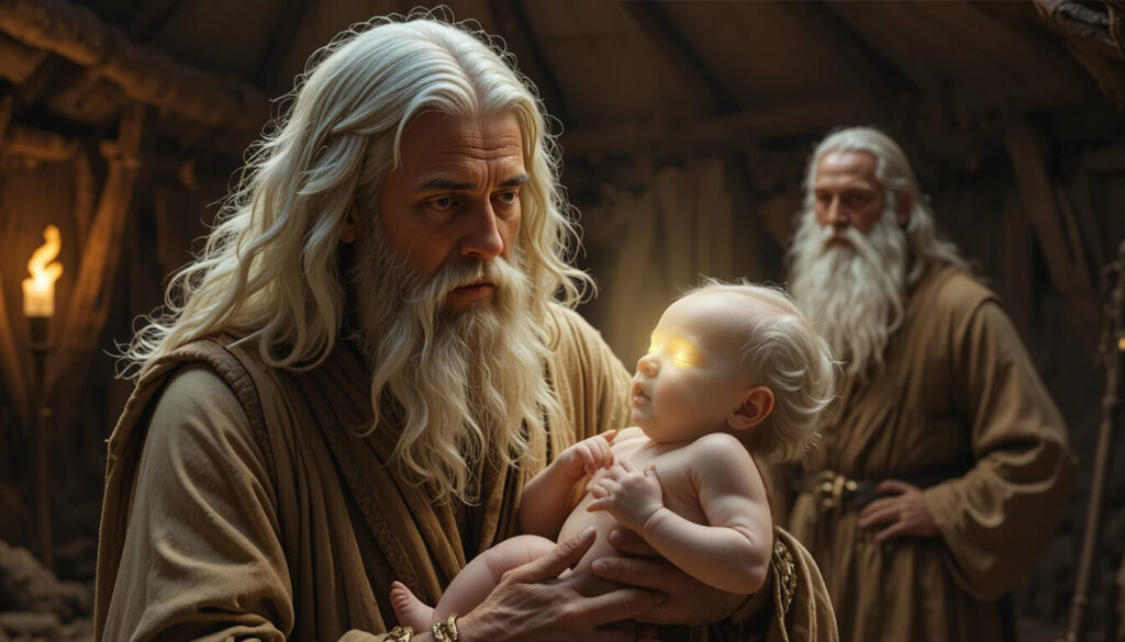Lameque em pânico segurando bebê Noé com aparência não-humana conforme Livro de Enoque descreve híbrido Anunnaki