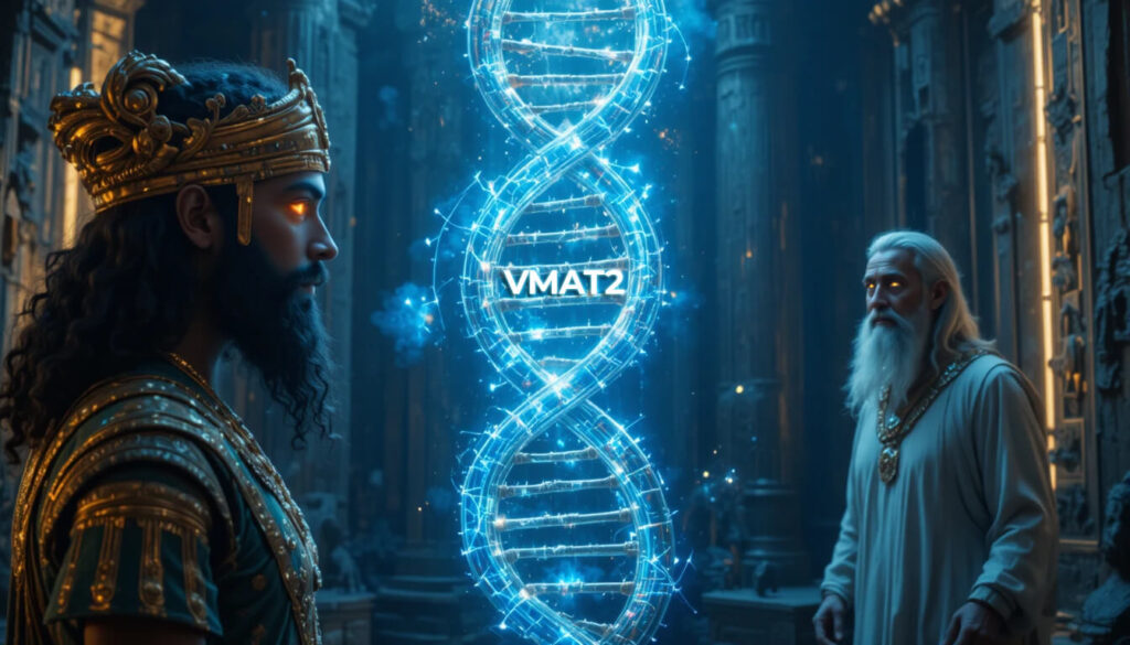 DNA humano sendo manipulado por Anunnaki mostrando instalação de Gene da Fé após Dilúvio através de Noé como vetor genético