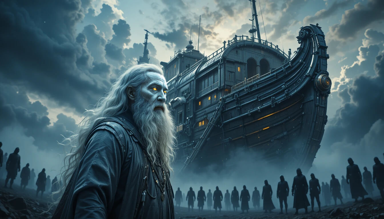 Noé como híbrido Anunnaki com pele albina e olhos brilhantes revelando natureza não-humana do salvador do Dilúvio