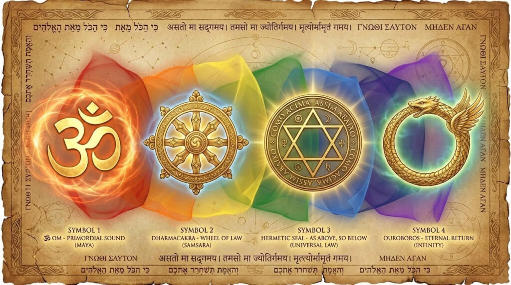 Símbolos antigos Om Maya Roda Dharma Samsara Hermetismo Ouroboros Gnose revelando véus realidade camadas dimensões prisão perceptual universal