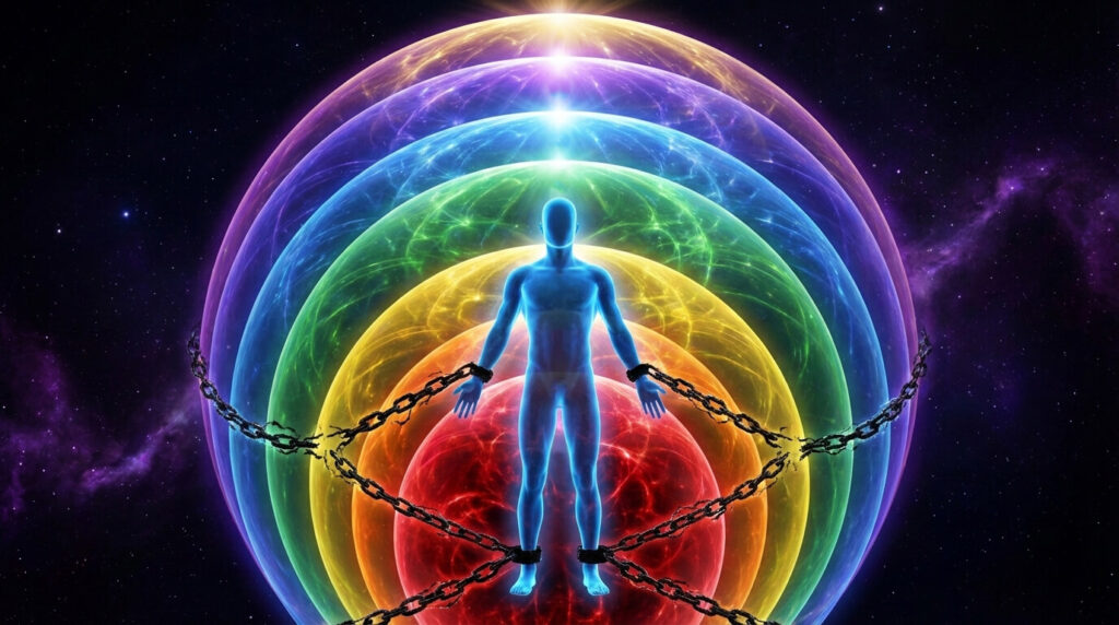 Prisão dimensional vibratória frequência consciência camadas realidade chakras dimensões 3D aprisionamento espiritual baixa vibração